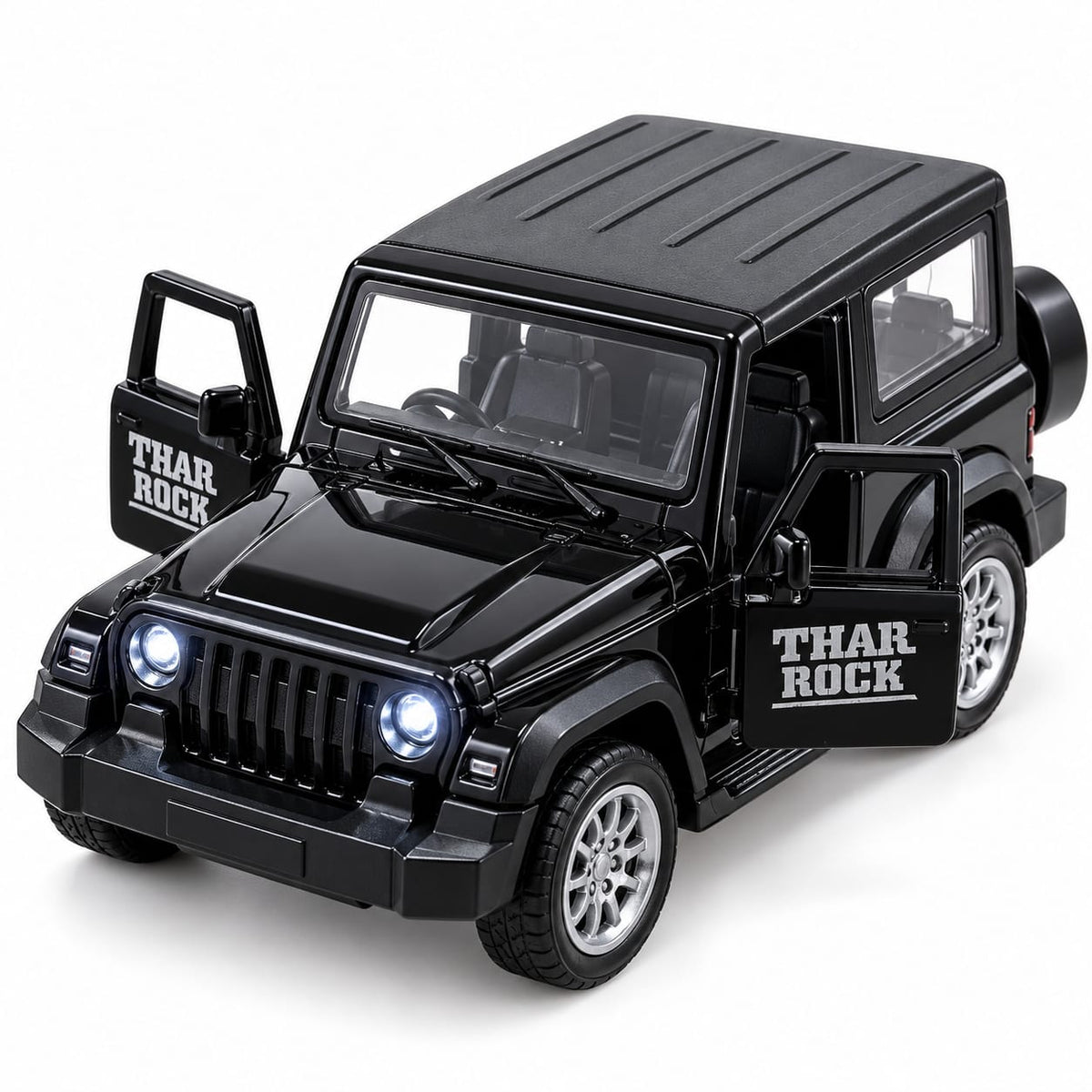 Black Thar Rock Jeep Toy Car with LED Lights, Sound Effect & Pull-Back Action