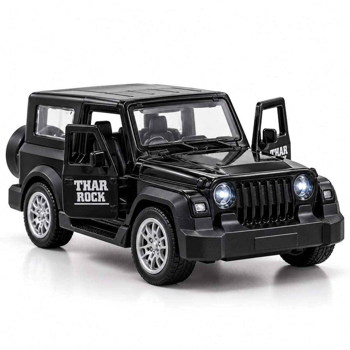 Black Thar Rock Jeep Toy Car with LED Lights, Sound Effect & Pull-Back Action
