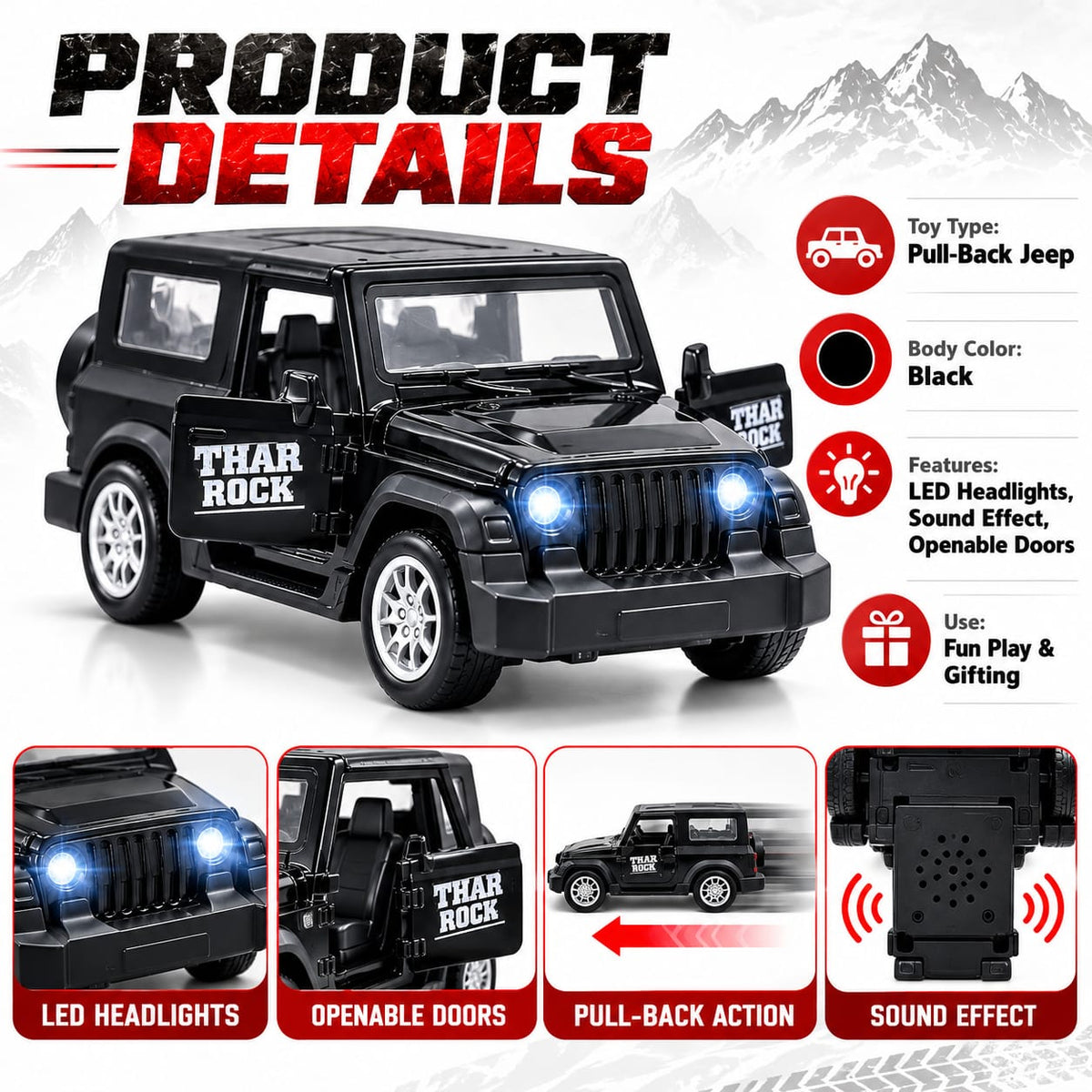 Black Thar Rock Jeep Toy Car with LED Lights, Sound Effect & Pull-Back Action