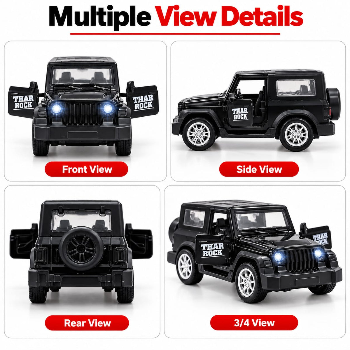 Black Thar Rock Jeep Toy Car with LED Lights, Sound Effect & Pull-Back Action