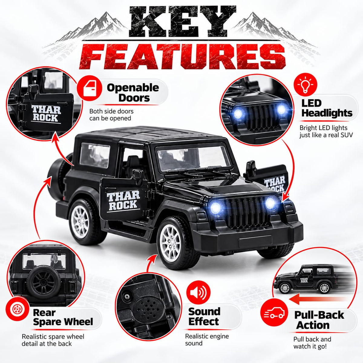 Black Thar Rock Jeep Toy Car with LED Lights, Sound Effect & Pull-Back Action